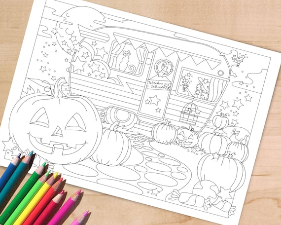 Halloween witch camping coloring page spooky pumpkin activity sheet witches on wheels colouring digital pdf printable a and letter