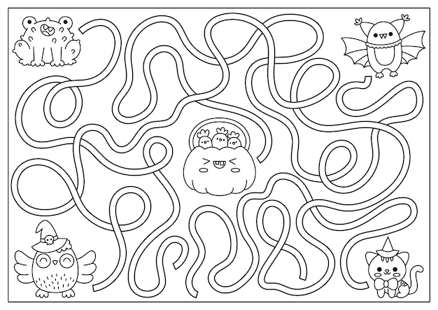 Premium vector halloween black and white maze for kids autumn holiday preschool line printable activity with cute kawaii animals and pumpkin with sweets scary labyrinth game trick or treat coloring page