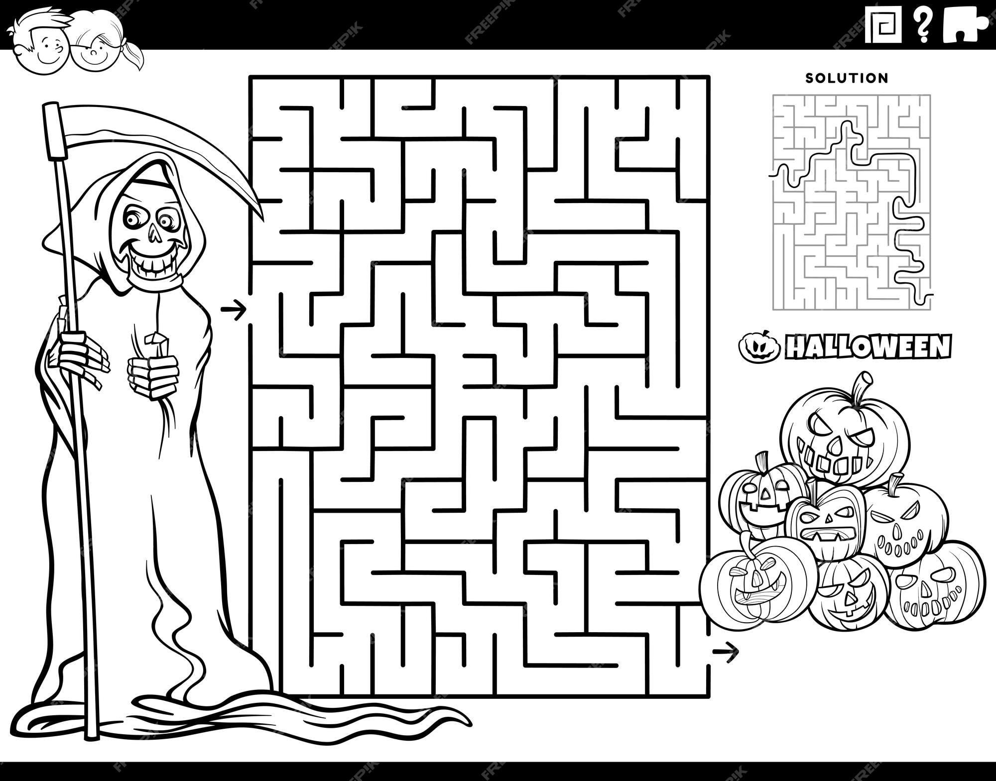 Premium vector maze with grim reaper on halloween time coloring page