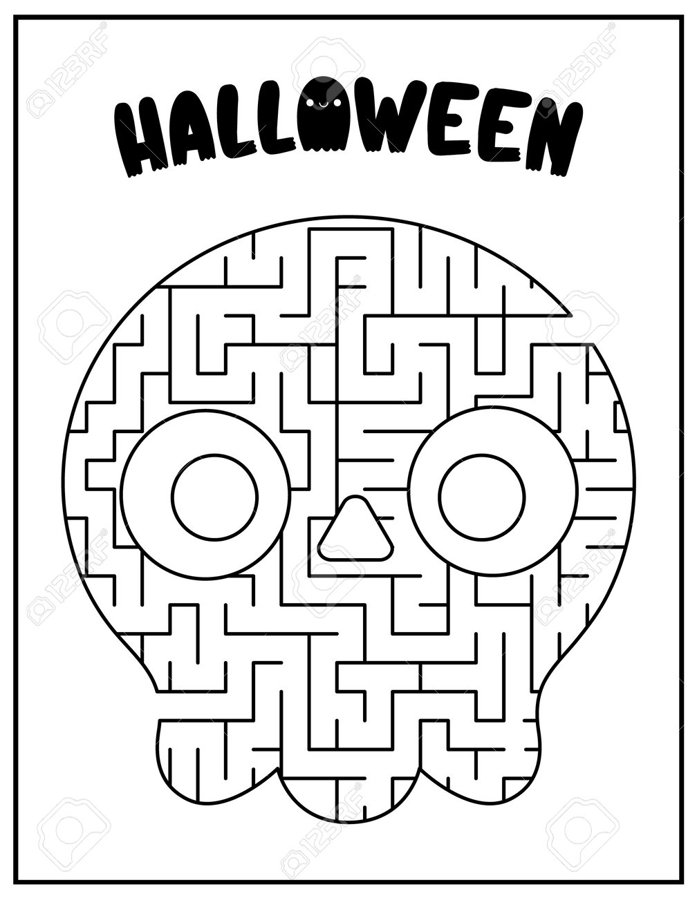 Halloween black and white maze for kids in shape of skull autumn holiday line preschool printable activity with cute kawaii scary labyrinth coloring page royalty free svg cliparts vectors and stock illustration