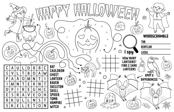 Vector halloween placemat for kids fall holiday printable activity mat with maze tic tac toe charts connect the dots find difference black and white autumn play mat or coloring page stock illustration