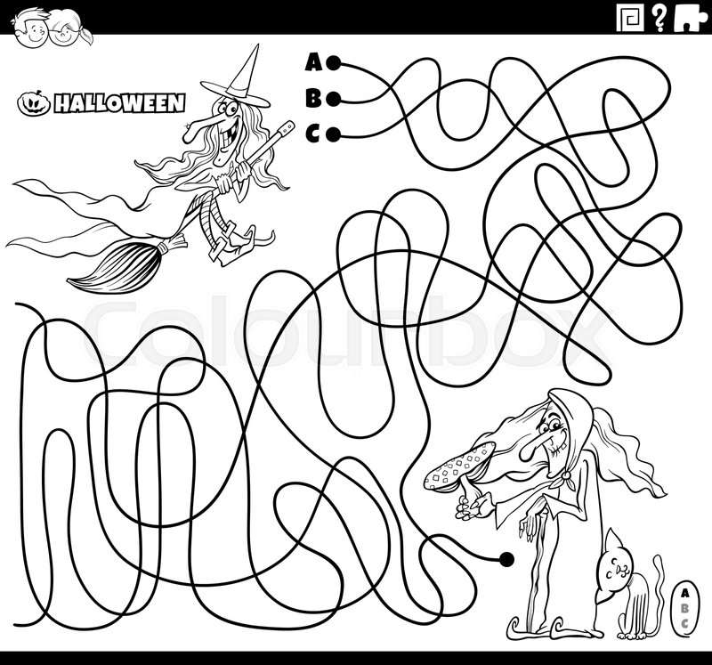 Maze game with cartoon witches on halloween coloring page stock vector