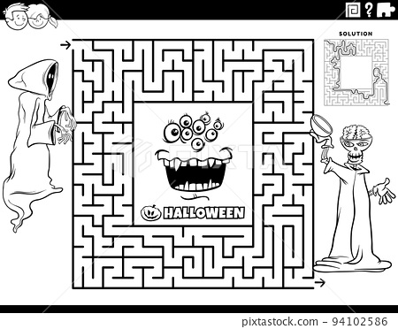 Maze with skeleton and monster on halloween