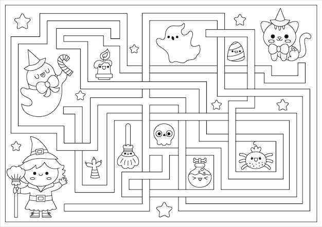 Premium vector halloween black and white maze for kids autumn holiday line preschool printable activity with cute kawaii witch cat ghost scary labyrinth coloring page with cute characters
