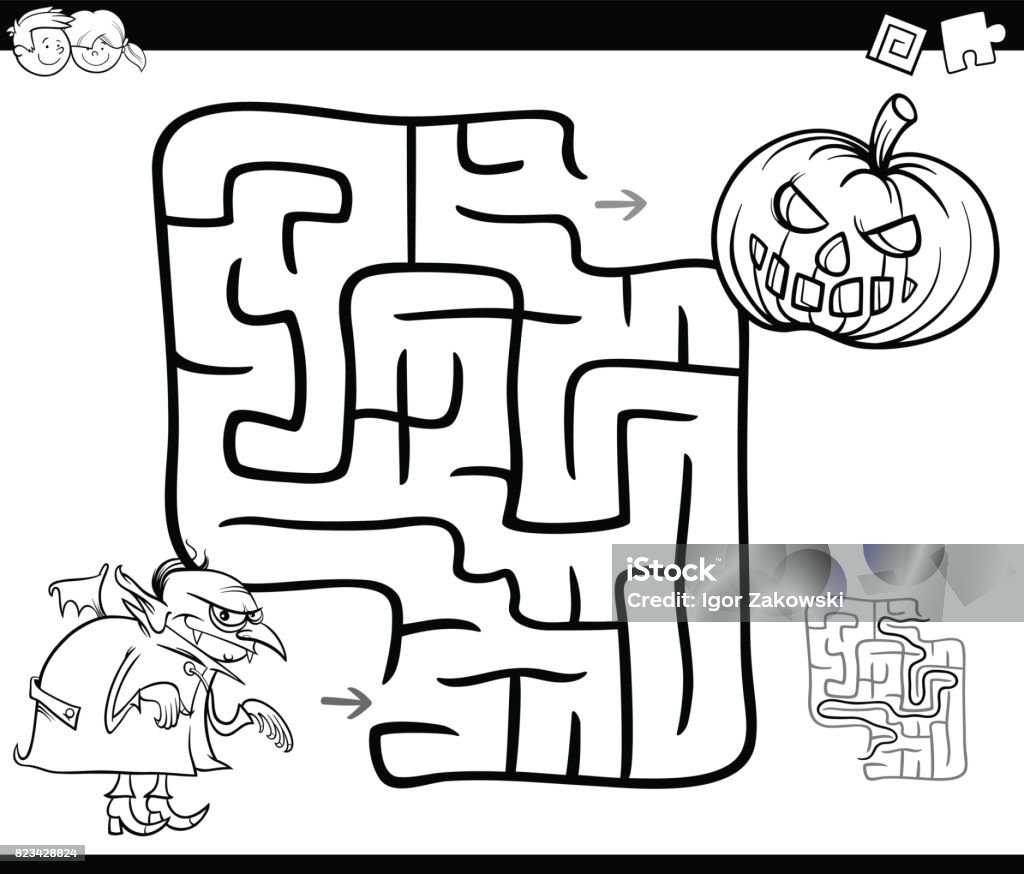 Halloween maze activity for coloring stock illustration