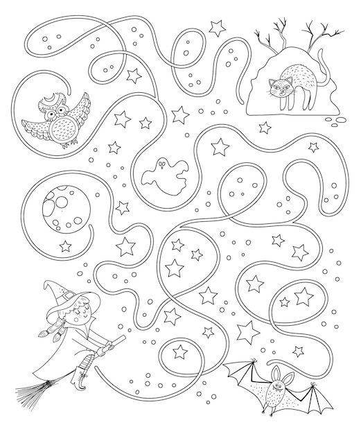 Premium vector halloween black and white maze for children autumn preschool printable educational activity funny day of the dead game or coloring page help the witch get to her hill
