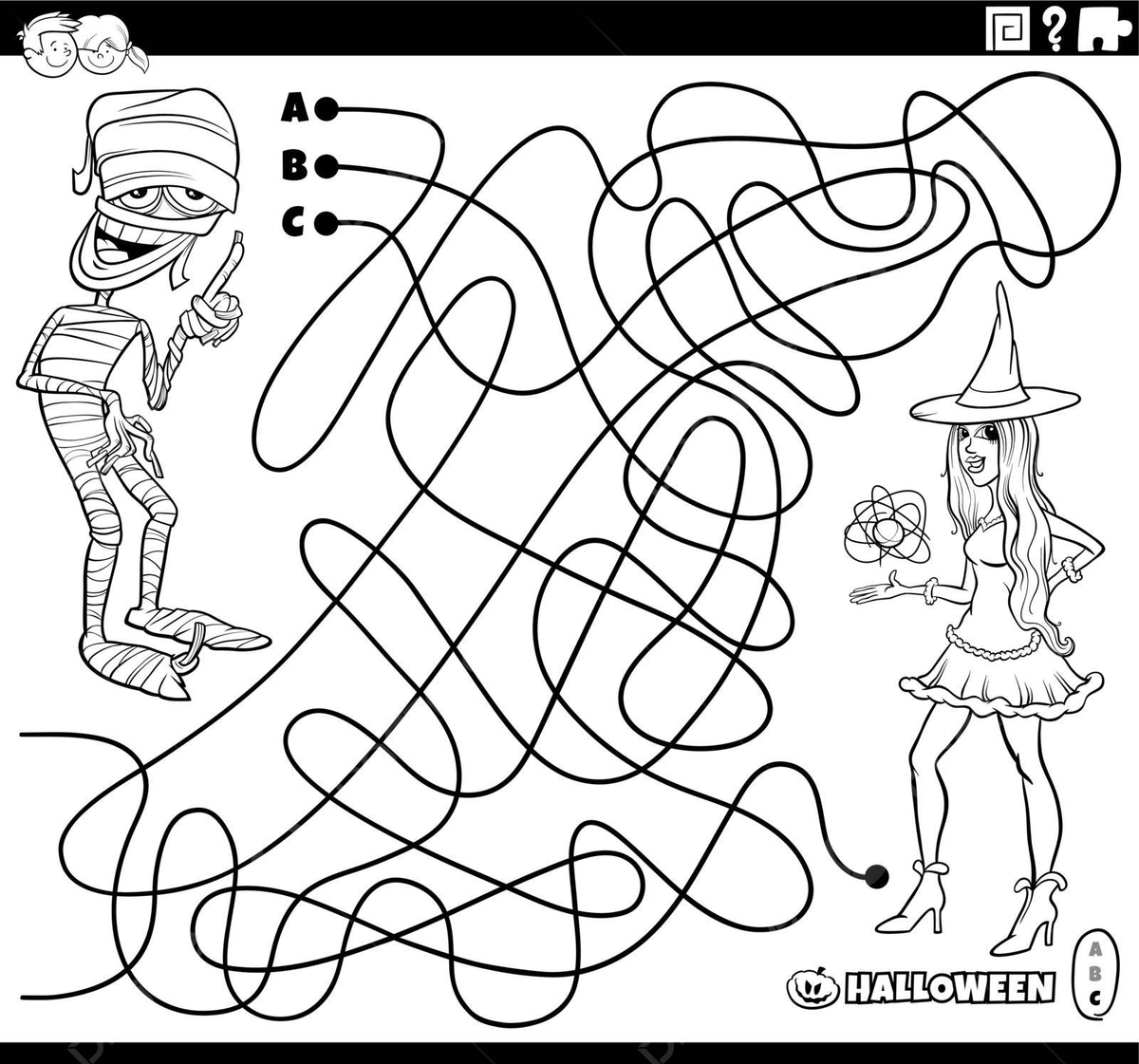 Halloween coloring page featuring a maze with a cartoon mummy and witch vector cartoon preschool witch png and vector with transparent background for free download