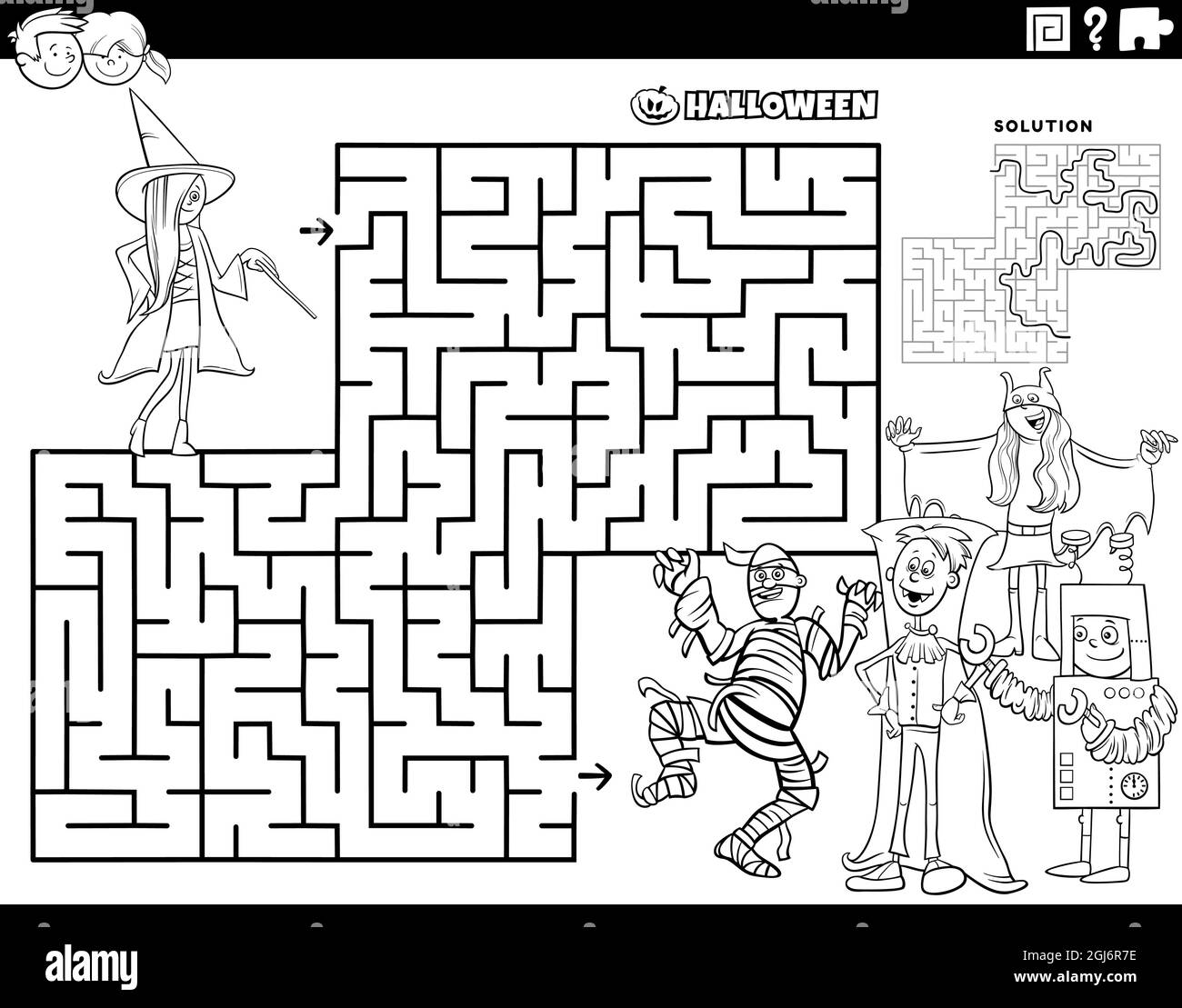 Black and white cartoon illustration of educational maze puzzle game with kids on halloween time coloring book page stock vector image art