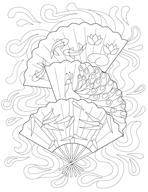 Premium vector coloring book page with three hand fans with different designs sheet to be colored with swimming fish peacock and lotus decorations folding fan with various printings