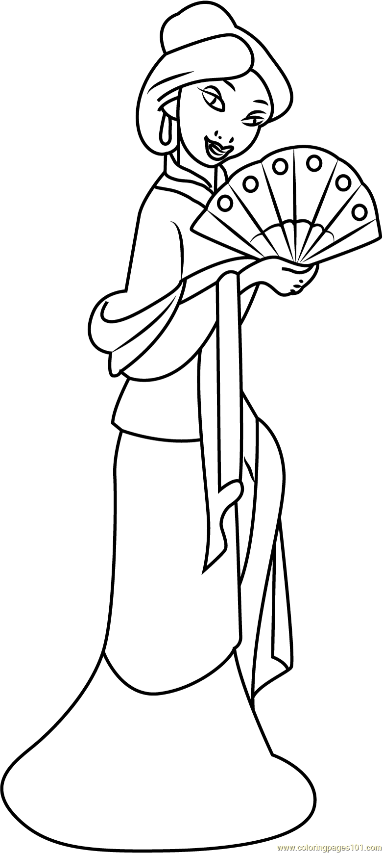 Mulan with hand fan coloring page for kids