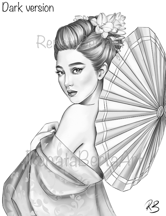 Premium grayscale coloring page instant download coloring page printable woman portrait geisha