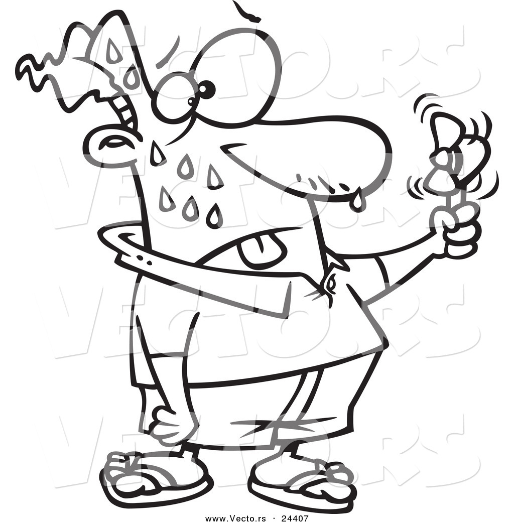 R of a cartoon sweaty man holding a hand fan