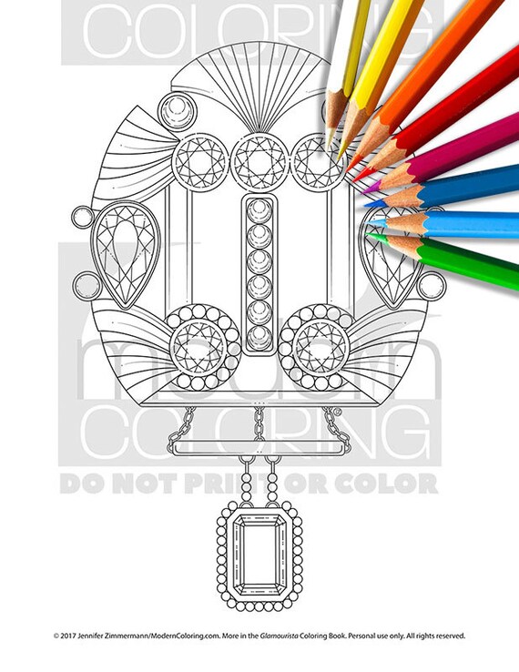 Fan brooch digital download coloring page adult coloring relax line art colour gem jewelry printable moderncoloring glamourista