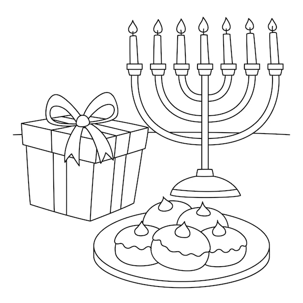 Premium vector hanukkah sufganiyah gift menorah coloring page