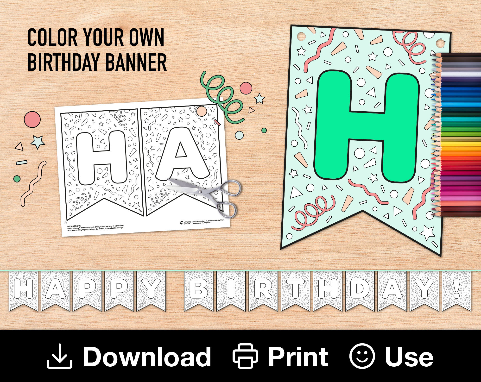 Happy birthday printable coloring banner kids creative activity make your own bday sign home birthday party diy decor instant download