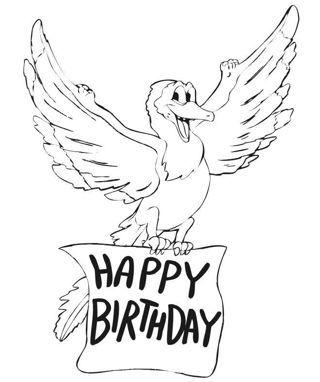Birthday coloring page a bird with a happy birthday banner
