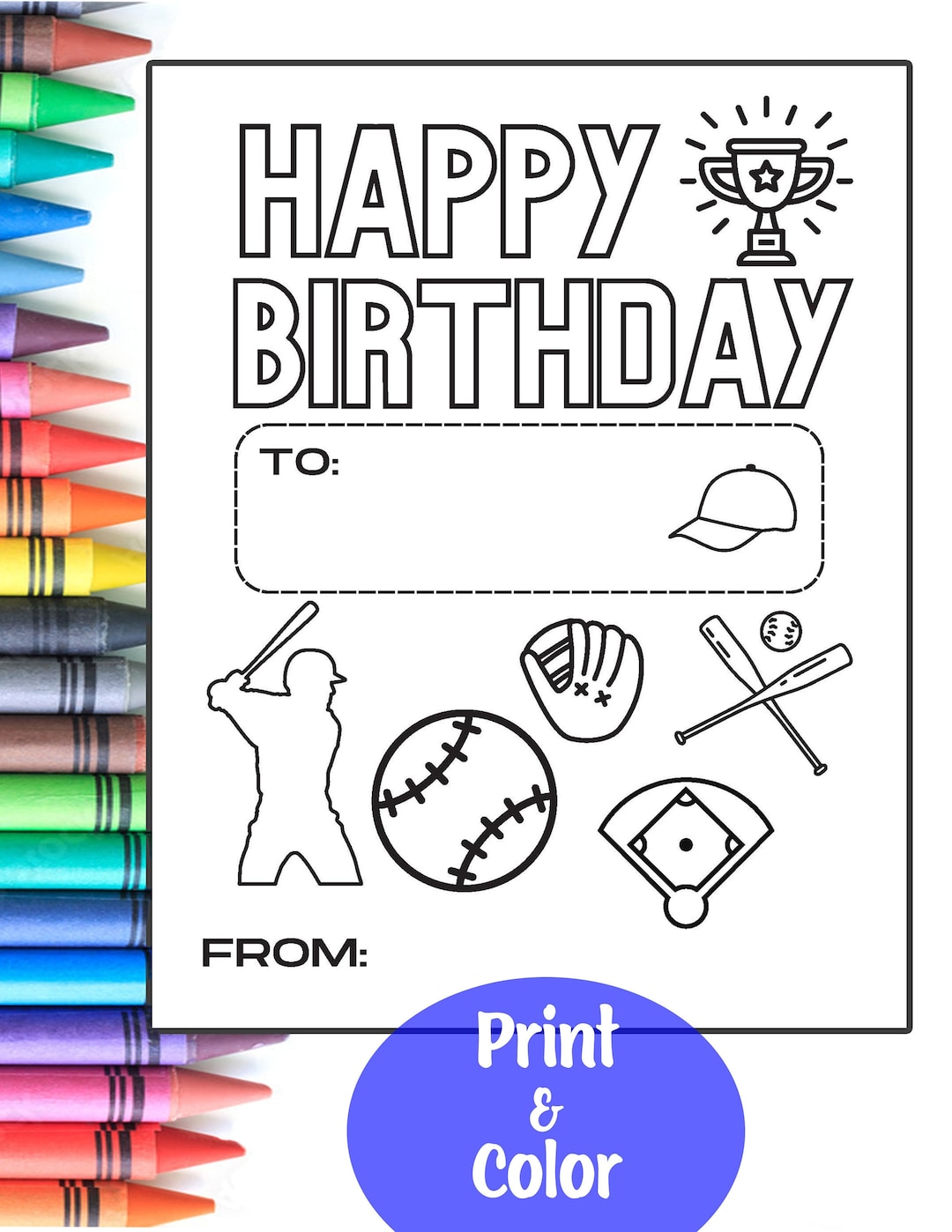 Baseball kids happy birthday card coloring sheet printable