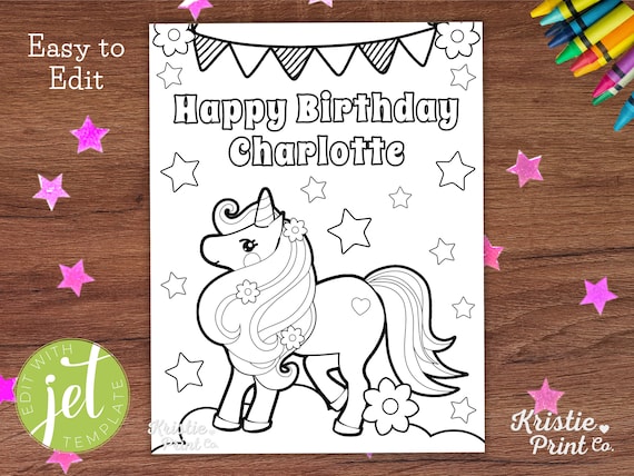 Editable happy birthday unicorn coloring page happy birthday coloring page with name unicorn birthday favors kids party games printable