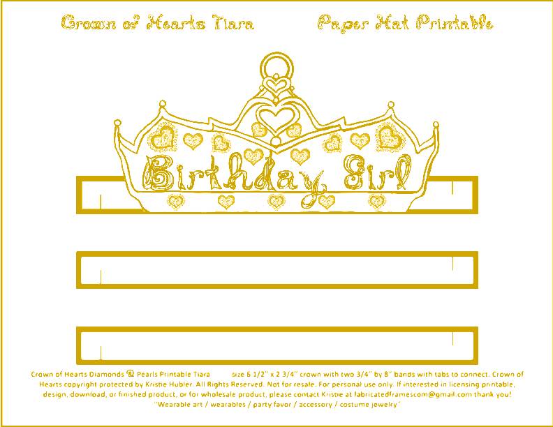 Birthday girl fabric font gold crown of hearts tiara coloring page party paper hat printable