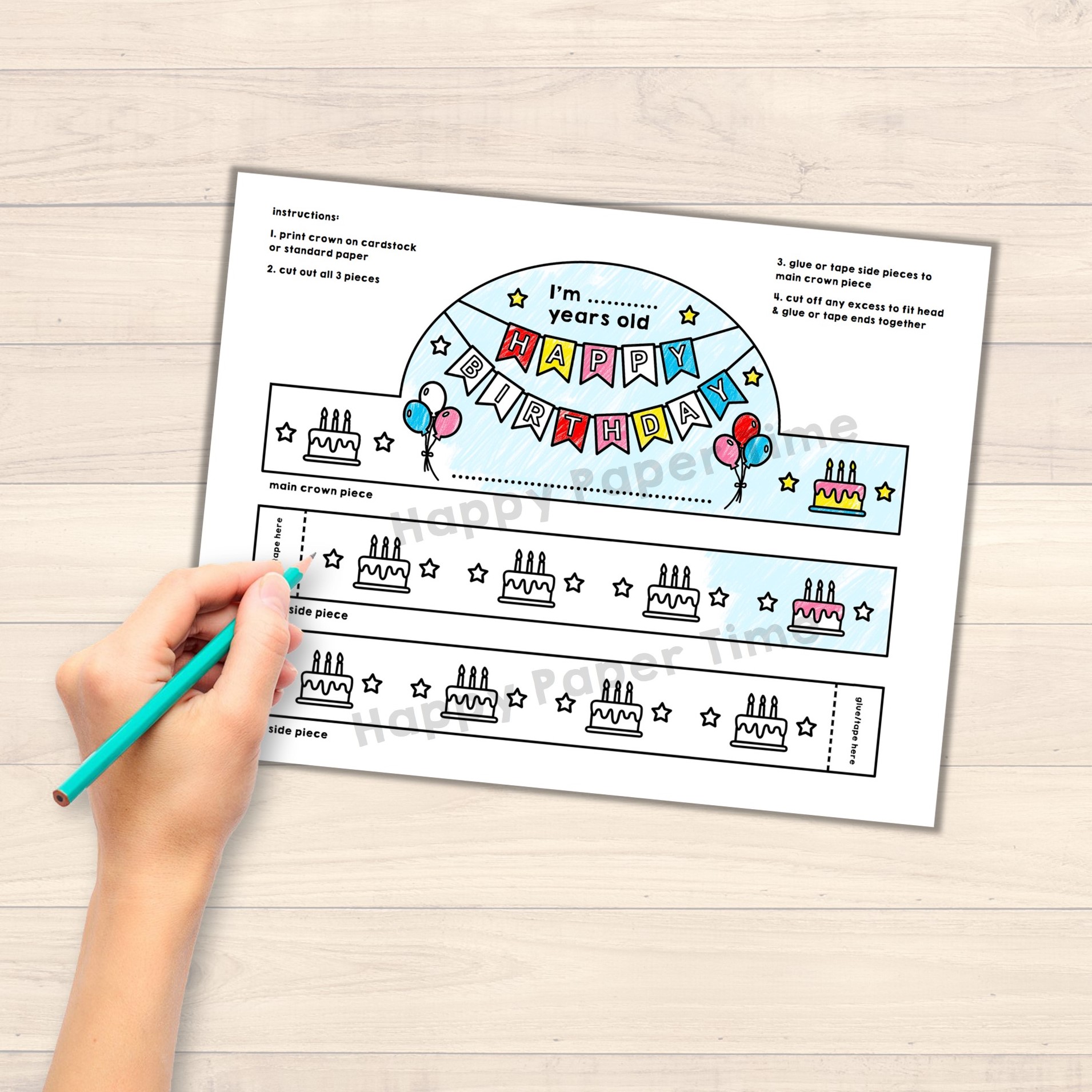 Happy birthday paper crown printable coloring craft activity template made by teachers