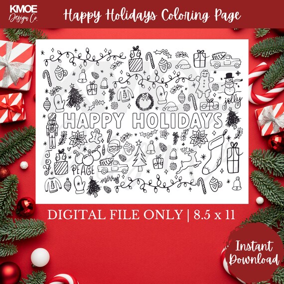 Happy holidays coloring page printable christmas school parties winter activity kids party decorations merry christmas coloring book doodle