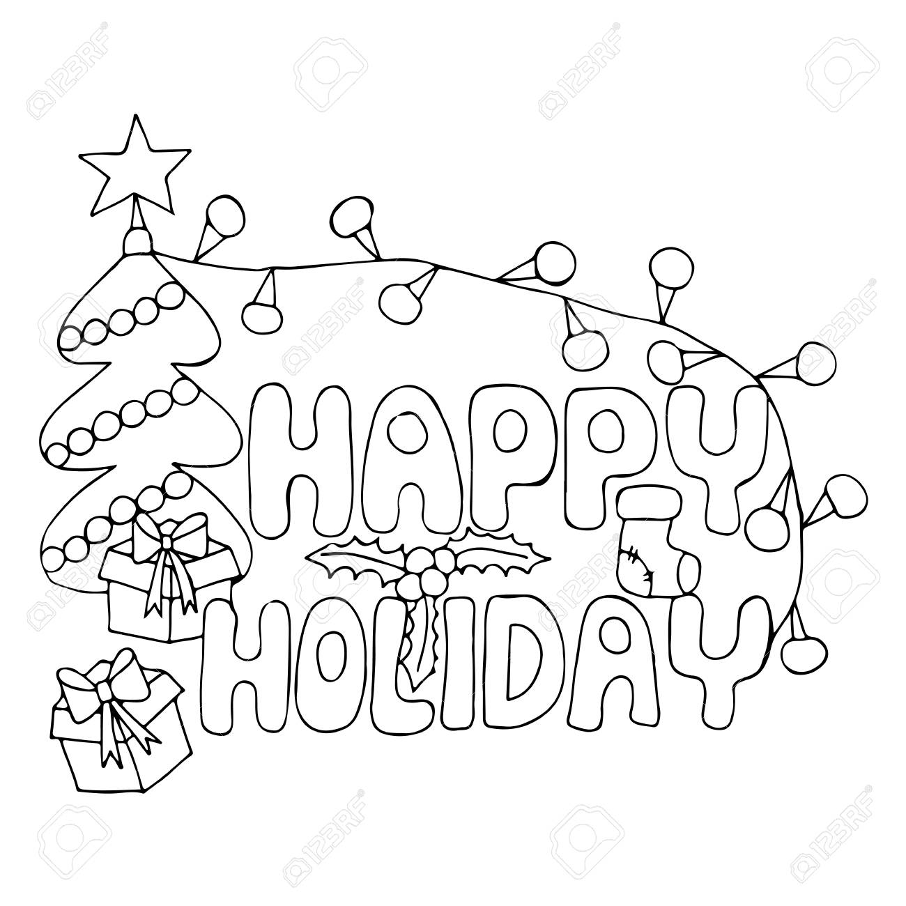 Happy holiday inscription with new year tree gift with ribbon garland and other for coloring book card invitation posters cover texture backgrounds placards banners royalty free svg cliparts vectors and stock illustration