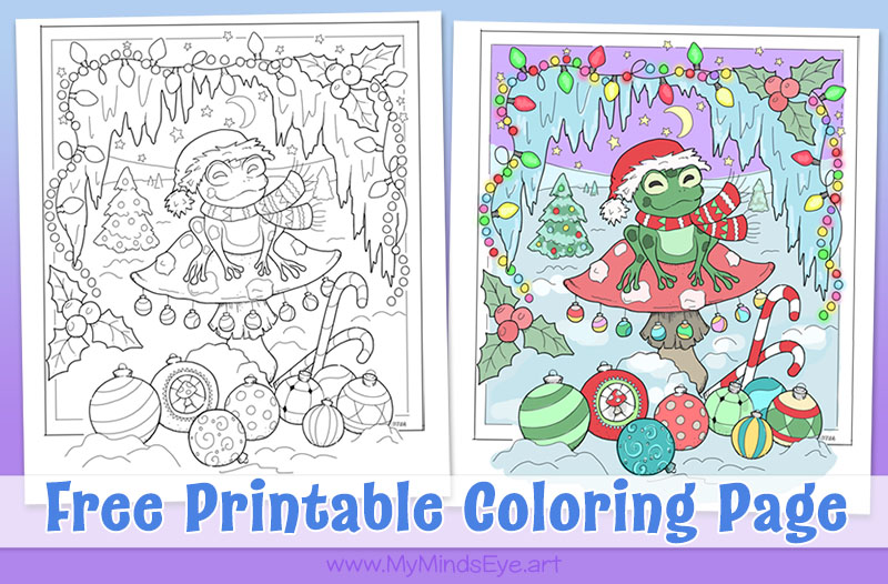 Frog and mushroom happy holidays coloring page c