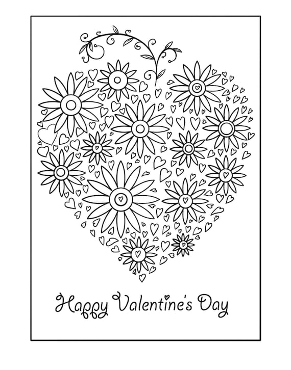 Happy valentines day coloring page heart coloring sheet valentines day kids adult coloring valentines printable flowers and hearts