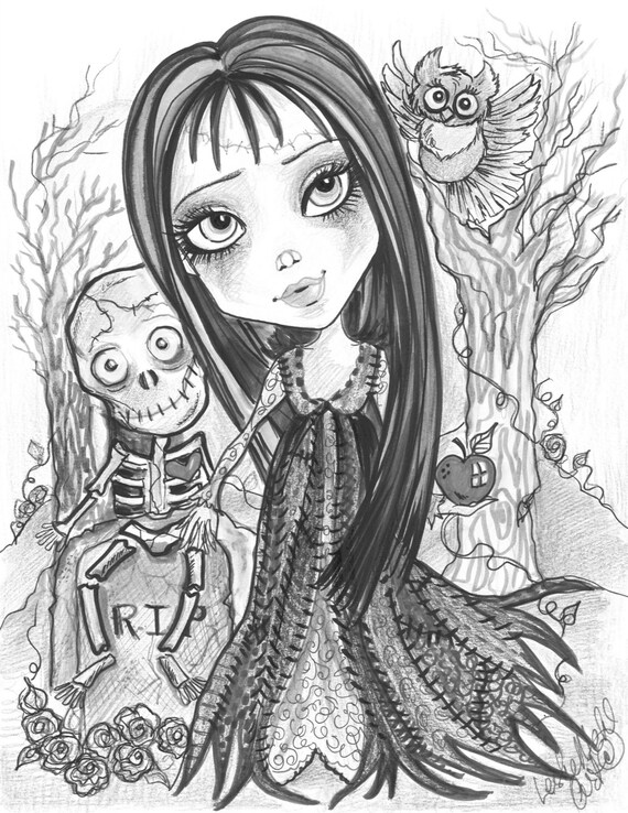 Adult coloring page grayscale coloring page printable coloring page digital download halloween fantasy art walk in the woods by leslie mehl
