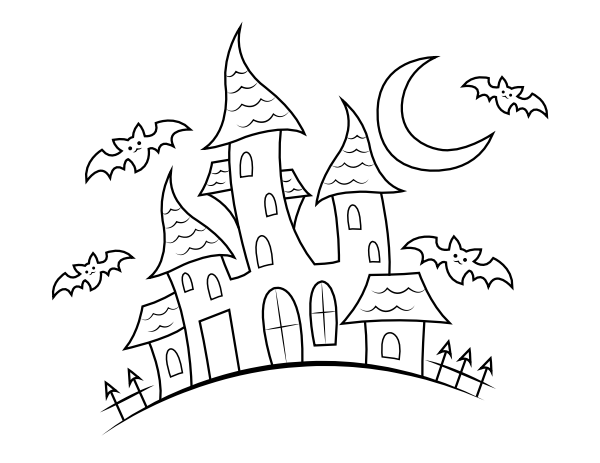 Printable bats and haunted house coloring page