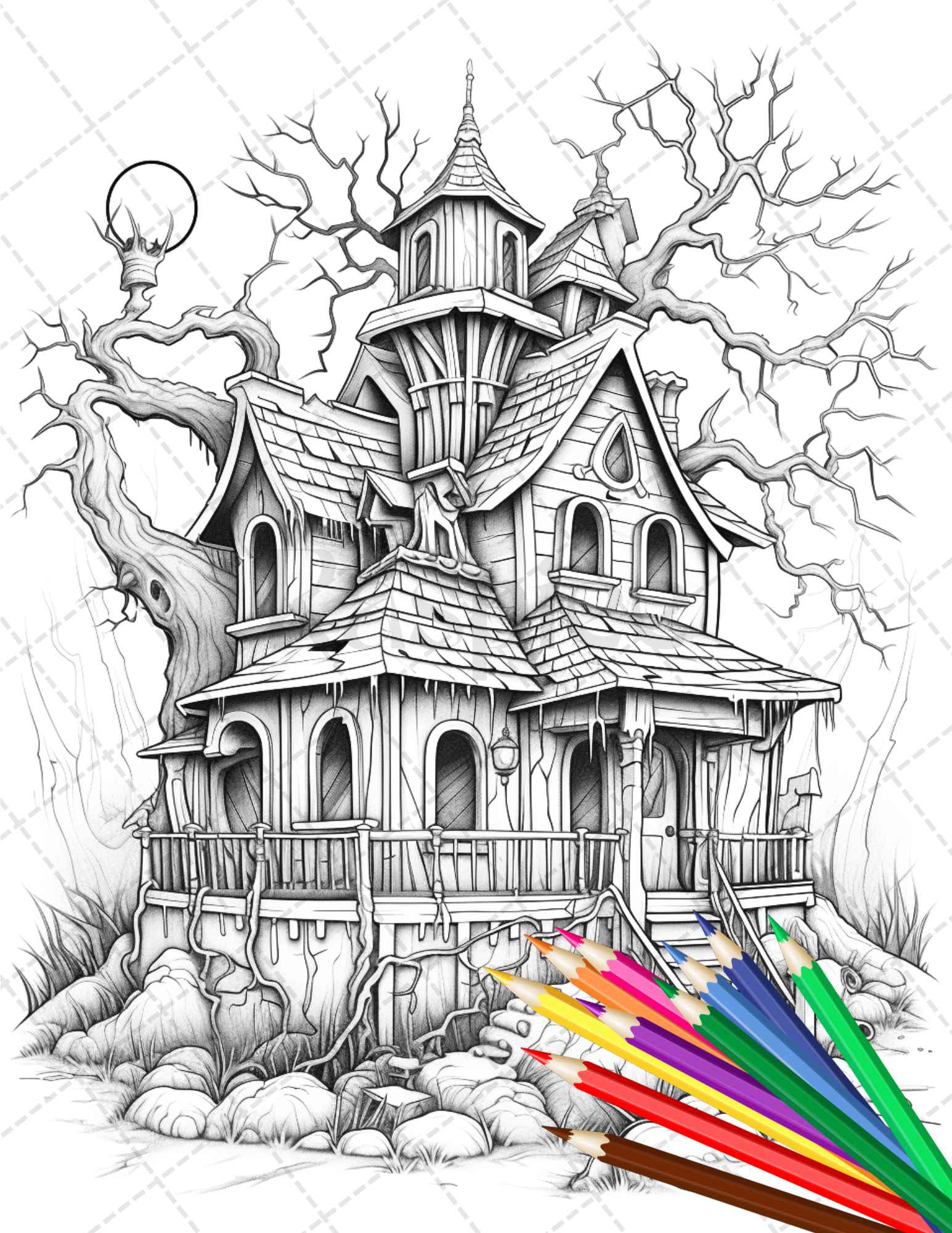 Spooky houses coloring pages printable for adults grayscale colori â coloring