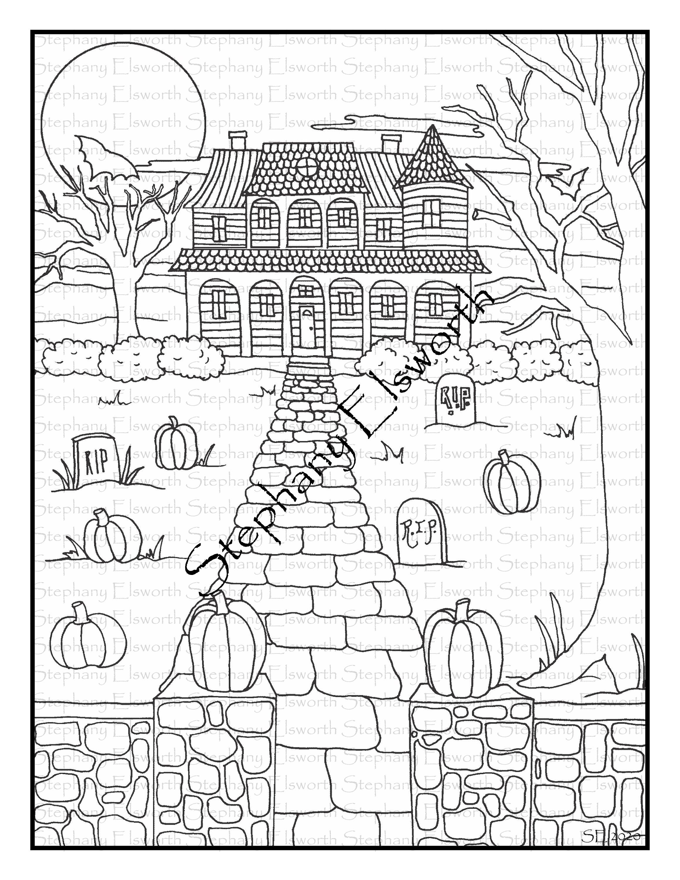 Haunted house x printable instant download coloring page