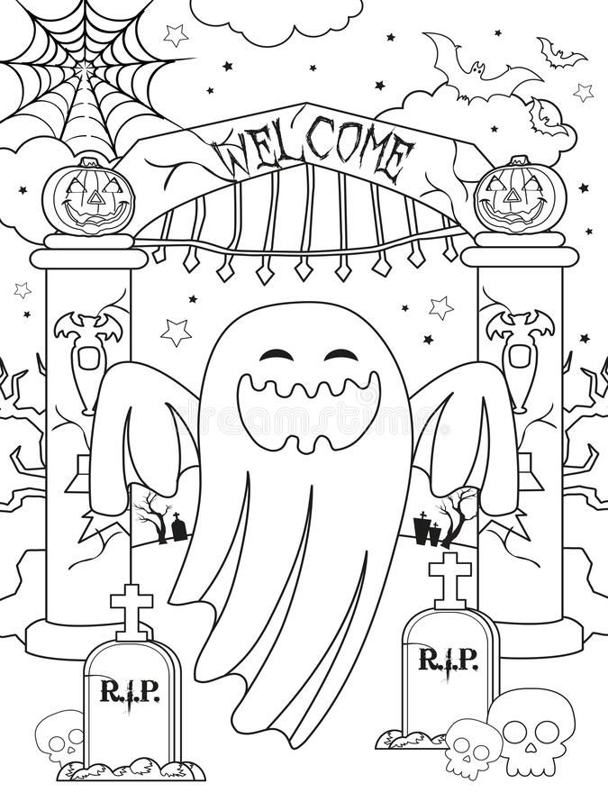 Halloween coloring page of white flying ghost on graveyard gate stock vector