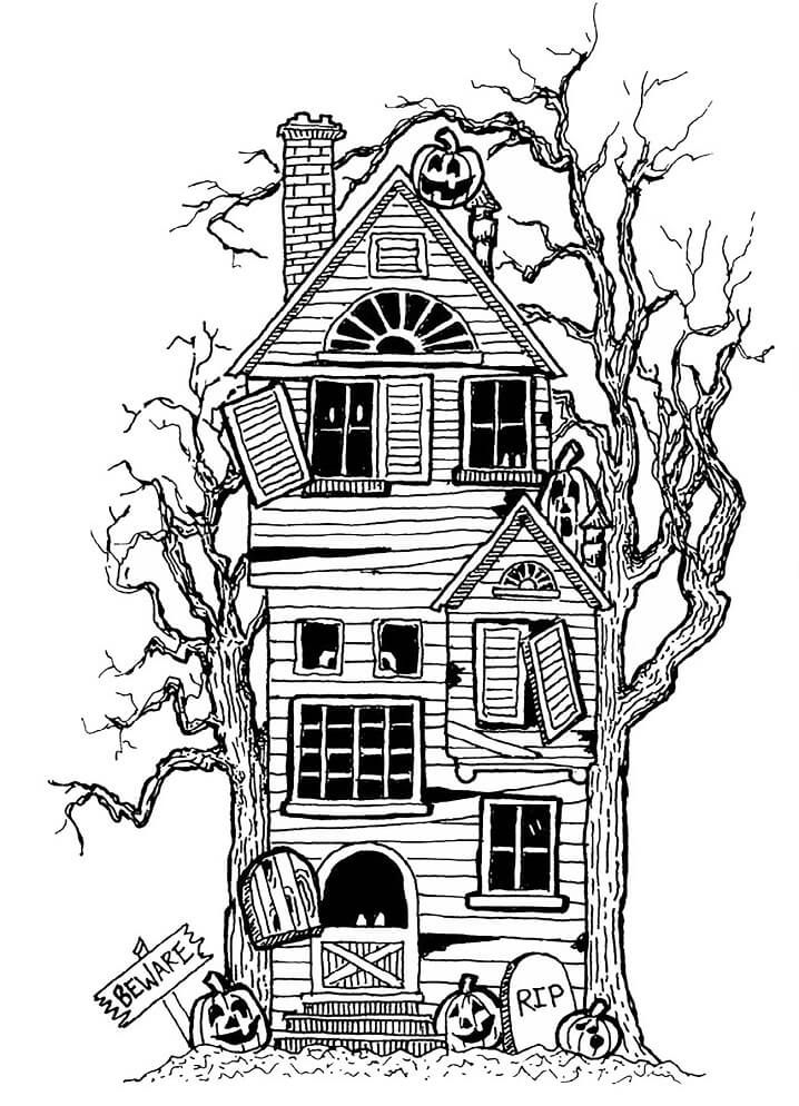 A scary haunted house coloring page