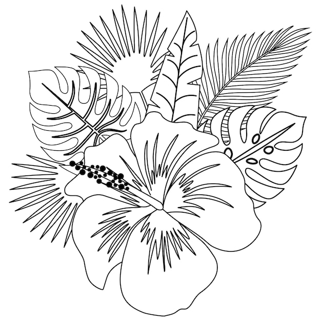Premium vector tropical plants with hawaiian flower botanical drawing