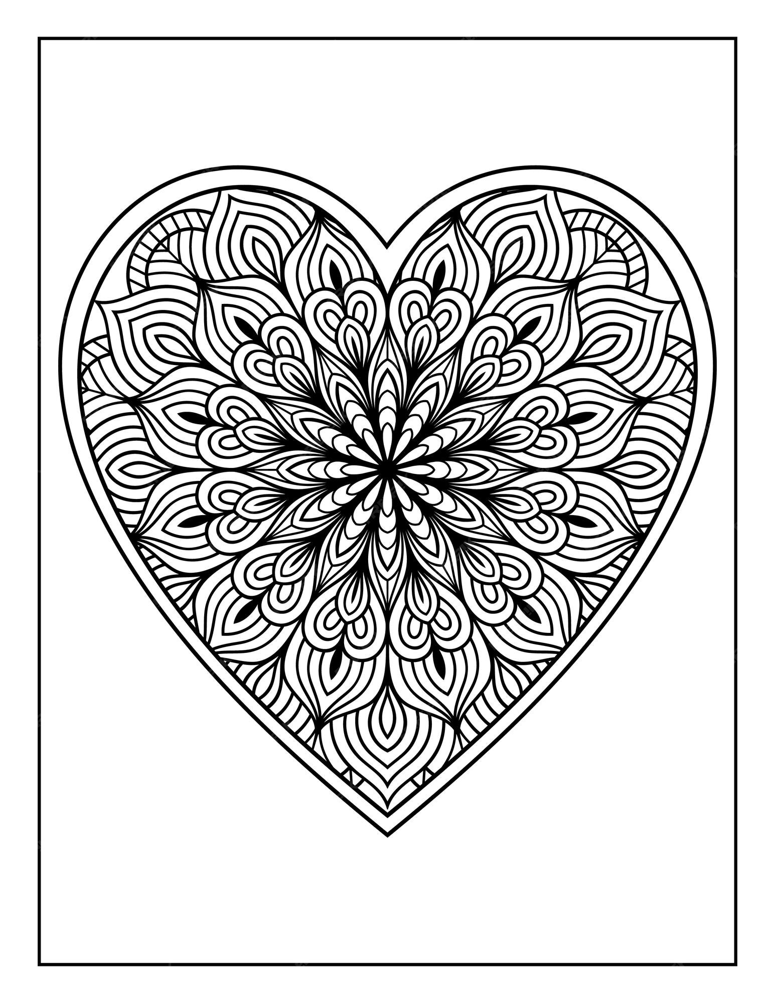 Premium vector hand drawn heart shape mandala floral pattern for adults coloring page mandala heart coloring pages