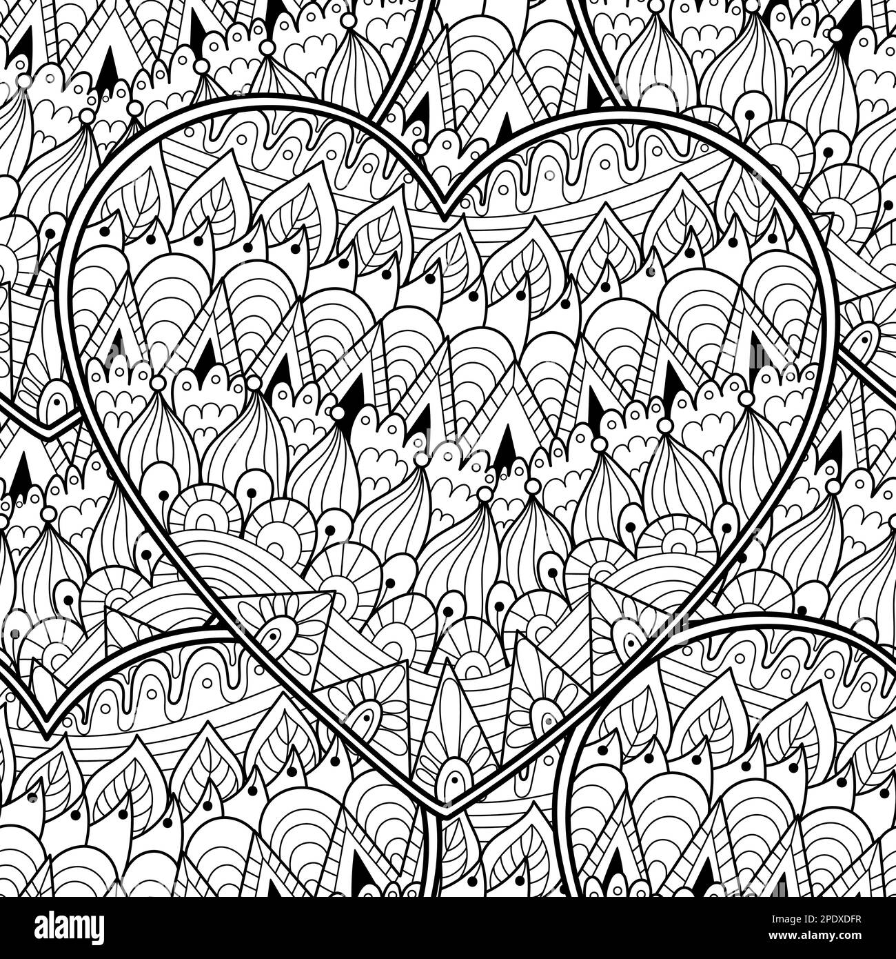 Cute doodle heart mandala black and white seamless pattern for coloring book stock vector image art