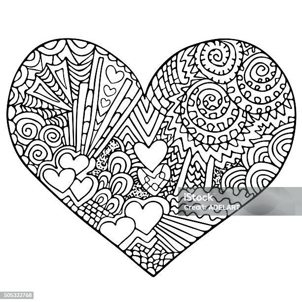 Heart mandala coloring page black and white love pattern stock illustration