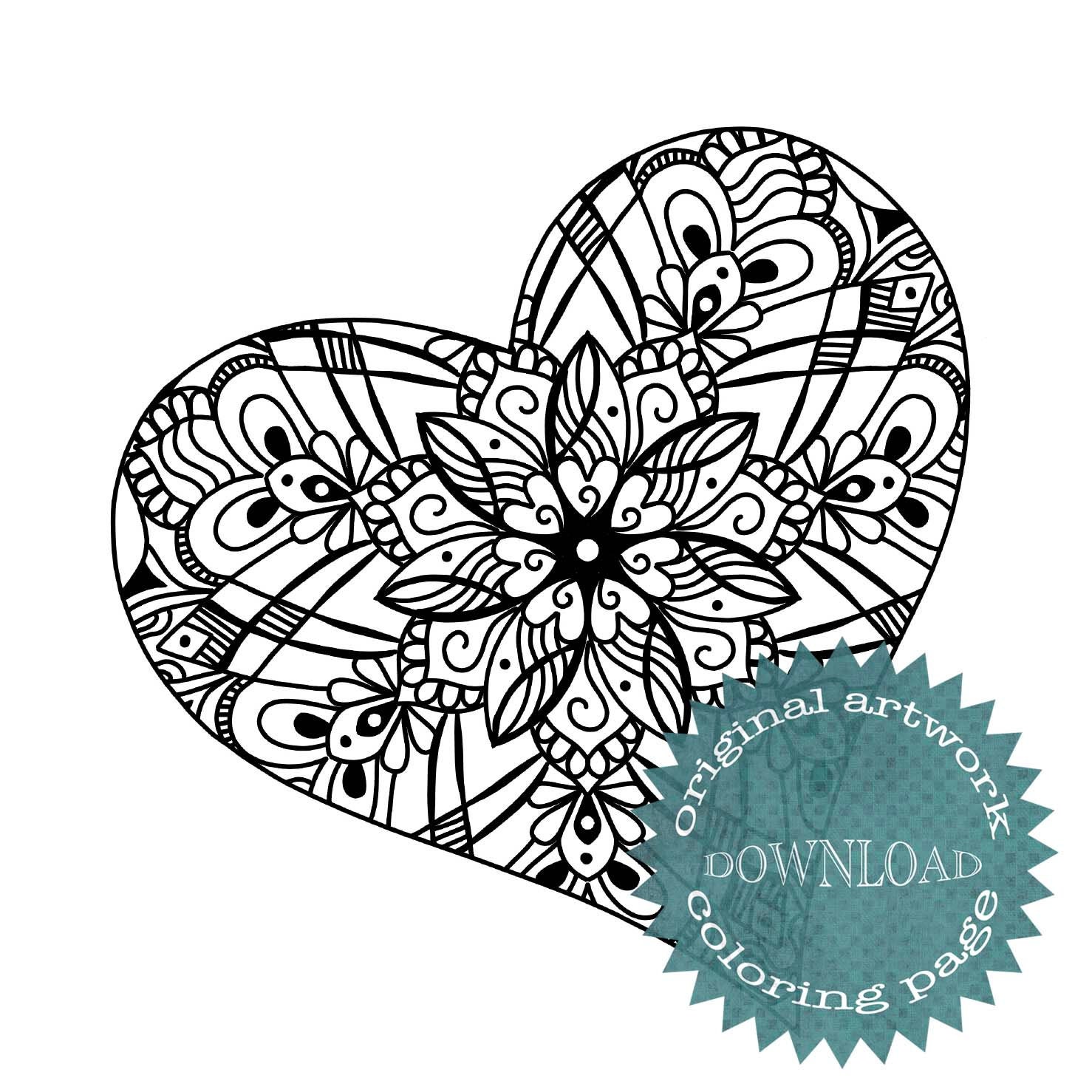 Unique hand drawn heart mandala coloring page sacred geometry adult adhd hyper focus last minute activity idea floral leaves color sheet