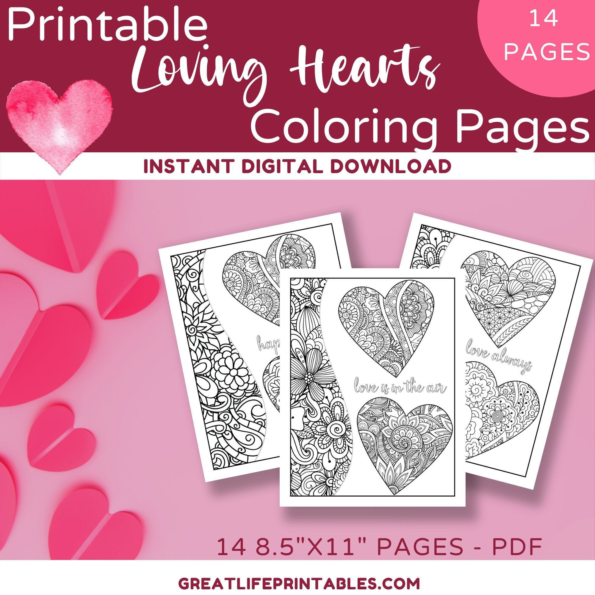Printable heart coloring pages valentines day coloring pages love coloring pages adult coloring page love coloring instant download