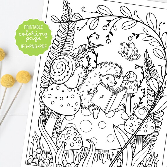 Cute hedgehog snail ladybug and mushroom coloring page whimsical woodland coloring sheet adult coloring printable or digital