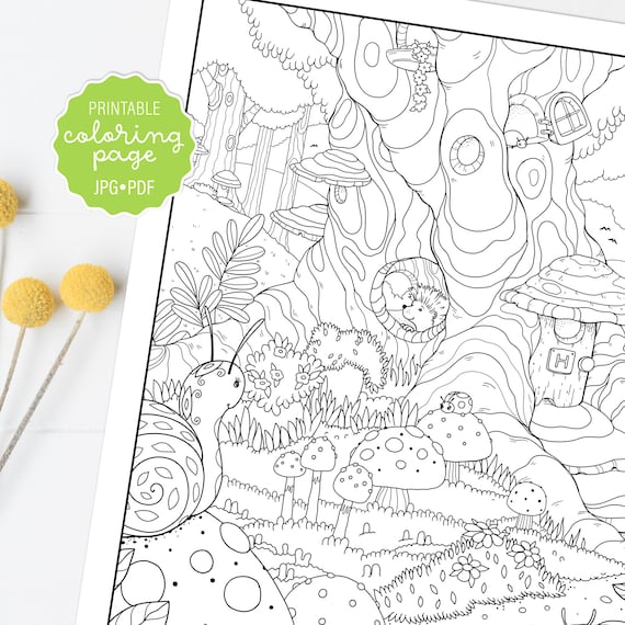 Cute hedgehog coloring page forest animal whimsical coloring sheet adult coloring printable or digital