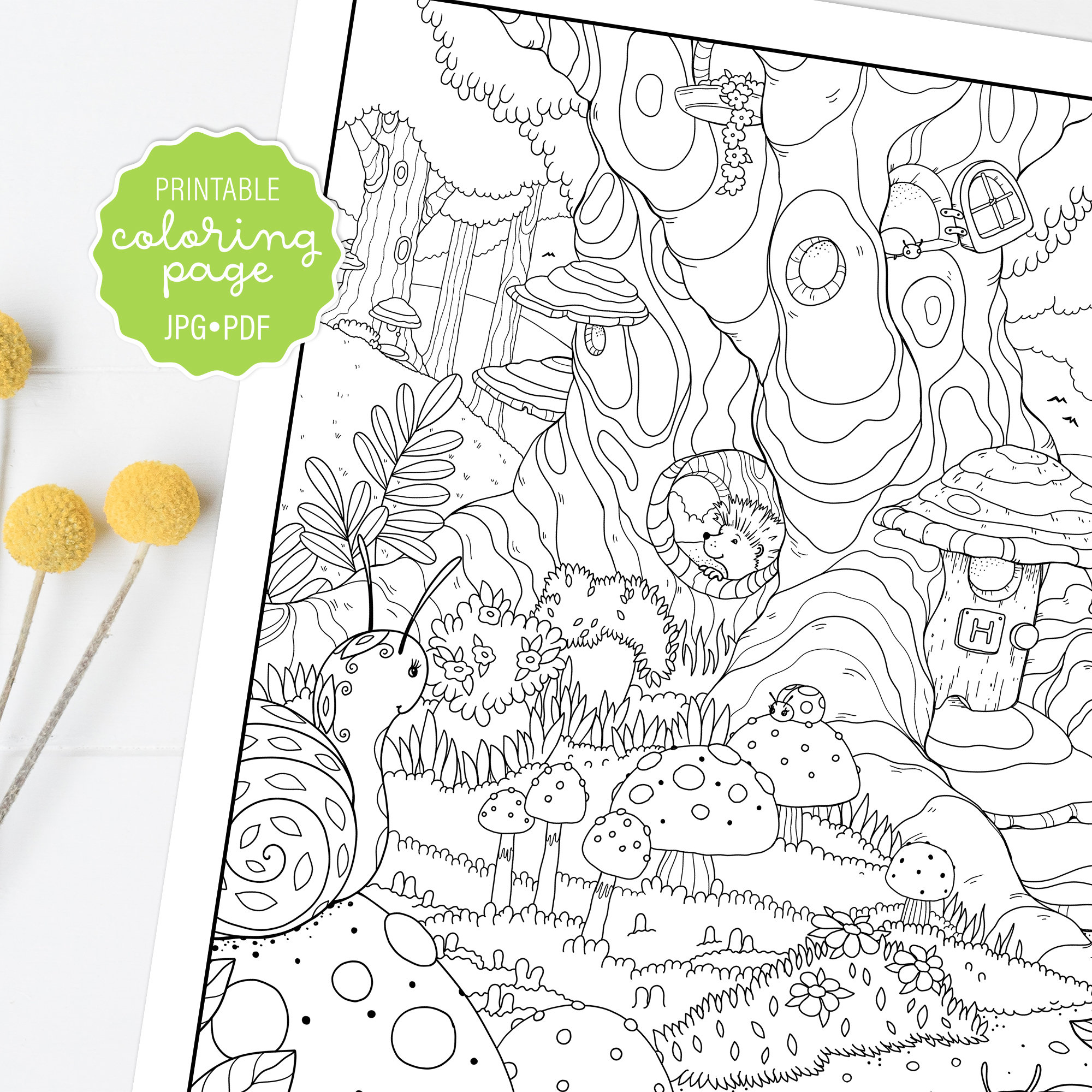 Cute hedgehog coloring page forest animal whimsical coloring sheet adult coloring printable or digital