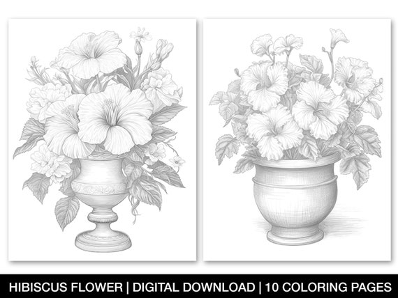 Flower coloring page for adults printable hibiscus flower coloring sheets grayscale floral coloring page instant download coloring page