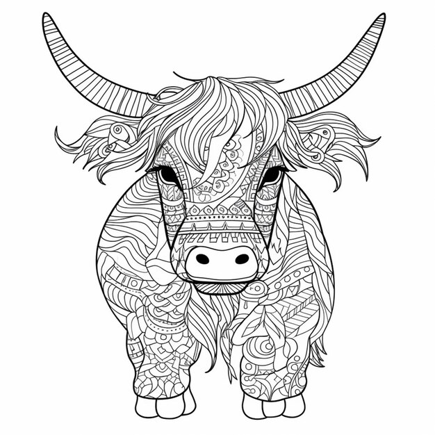 Premium ai image a coloring page with a cow with a long horn and a pattern on it generative ai