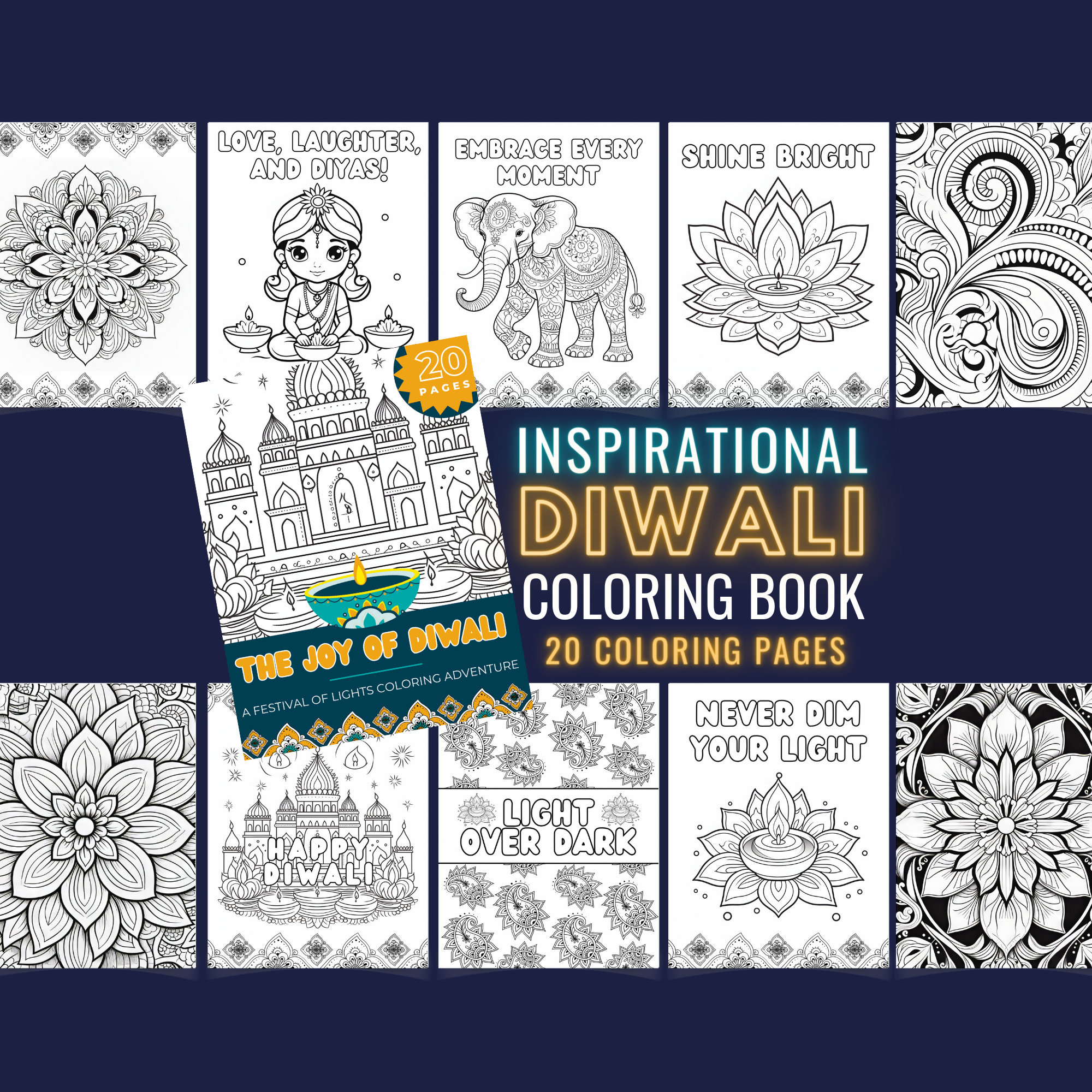 Diwali coloring pages festival of lights deepavali printable kids book art sheets set indian punjabi hindu activity instant download instant download