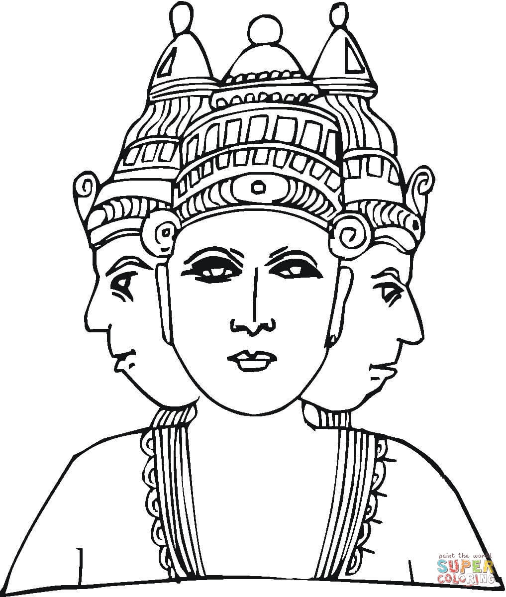 Hindu deity with three heads coloring page free printable coloring pages