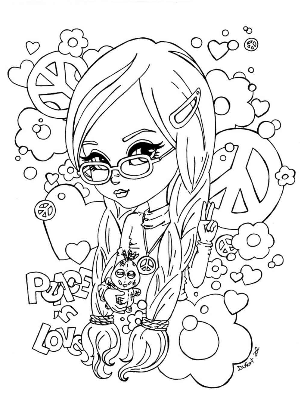 Cute hippie girl coloring page