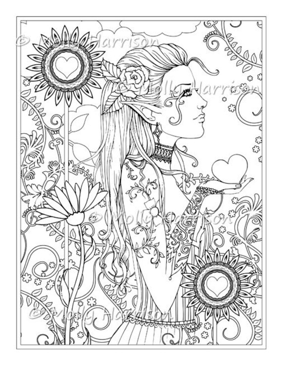 Heart garden digital stamp printable hippie floral boho bohemian molly harrison fantasy art digistamp coloring page