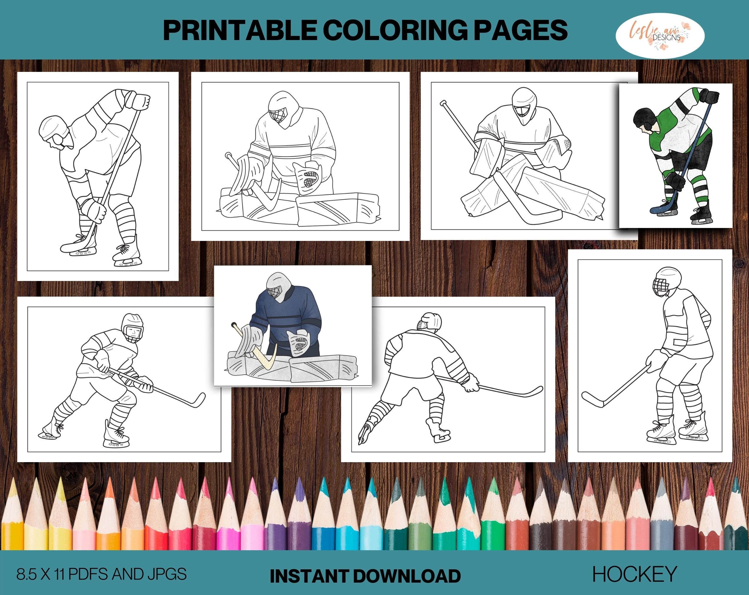Hockey player easy printable coloring pages instant digital download for kids or adults to color physical print or on ipad